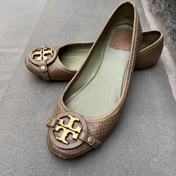 Tory Burch Womens Flat Shoes Olive Green Snake Skin Ballet Flats SIZE 8.5M - Picture 1 of 10